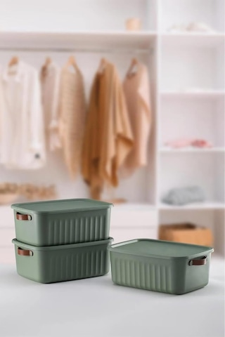3 Adet Modern Kapaklı Saklama Kutusu Seti -15 Litre Yeşil- Taşınabilir Kulplu, Dolap İçi Düzenleyici, Çok Am Diğer