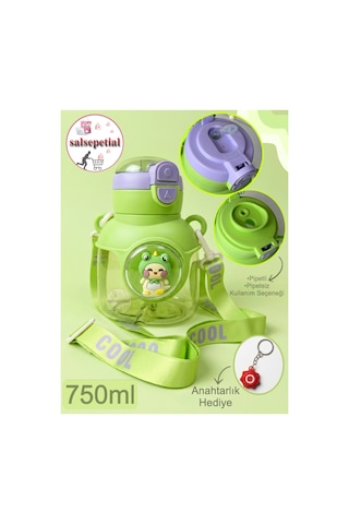 Ayıcık Su Matarası Ayıcıklı Suluk Figürlü Su Şişesi Ayıcık Matara Askılı Pipetli Matara 750ml Yeşil