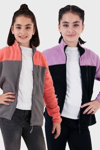 Lela Yumuşak Dokulu Fermuarlı Renk Bloklu Dik Yaka Cepli 2'Li Paket Hırka Çocuk Polar 5905001S2 Lila Siyah-Somon Gri