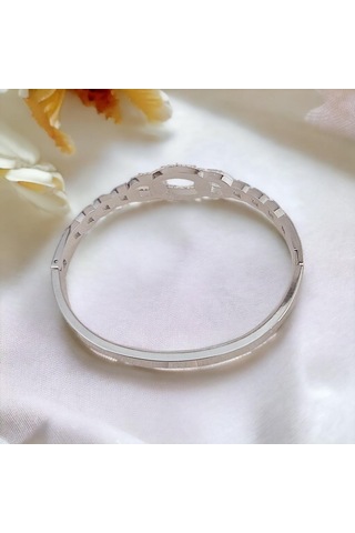 Modern Zirkon Taşlı Çelik Kelepçe Bileklik - Kararmaz Gold Kaplama Gümüş