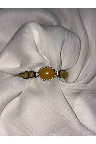 İlknur Doğal Taş Evi Gümüş Çerçeveli Kehribar Bileklik