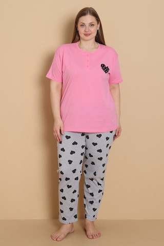 Wordex Mirano 4515 Kalpli Kısa Kollu Pamuklu Penye Büyük Beden Kadın Pijama Takımı Fuşya