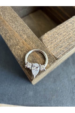 %100 316 L Cerrahi Çelik Markiz Badem Zirkon Taşlı Kilitli Halka Piercing Gümüş