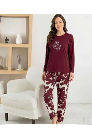 Pijamoni Kadın Milan Bisiklet Yaka Uzun Kol İnce Pijama Takımı 7600/21 - 1 Adet Bordo