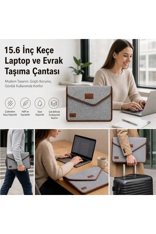 Ergonomik Gri Cırt Cırtlı Keçe Laptop Ve Evrak Çantası 15.6 İnç Sarı