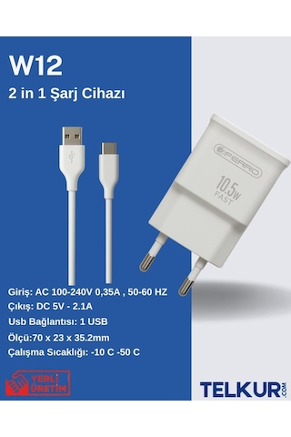 Ferro W12 Micro 10,5w Adaptör & 1m Usb Kablo 2,1 Amper Hızlı Şarj