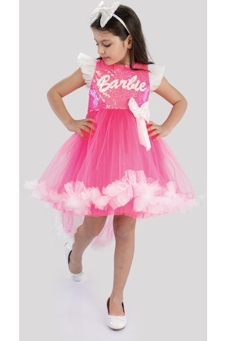 Pembe Barbie Ponpon Kuyruk Etekli Barbie Taçlı Kız Çocuk Doğum Günü Parti Elbisesi-Pembe
