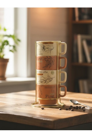 Gold Metal Standlı Dörtlü Porselen Kupa Espresso Fincanı 200 Ml Çok Renkli