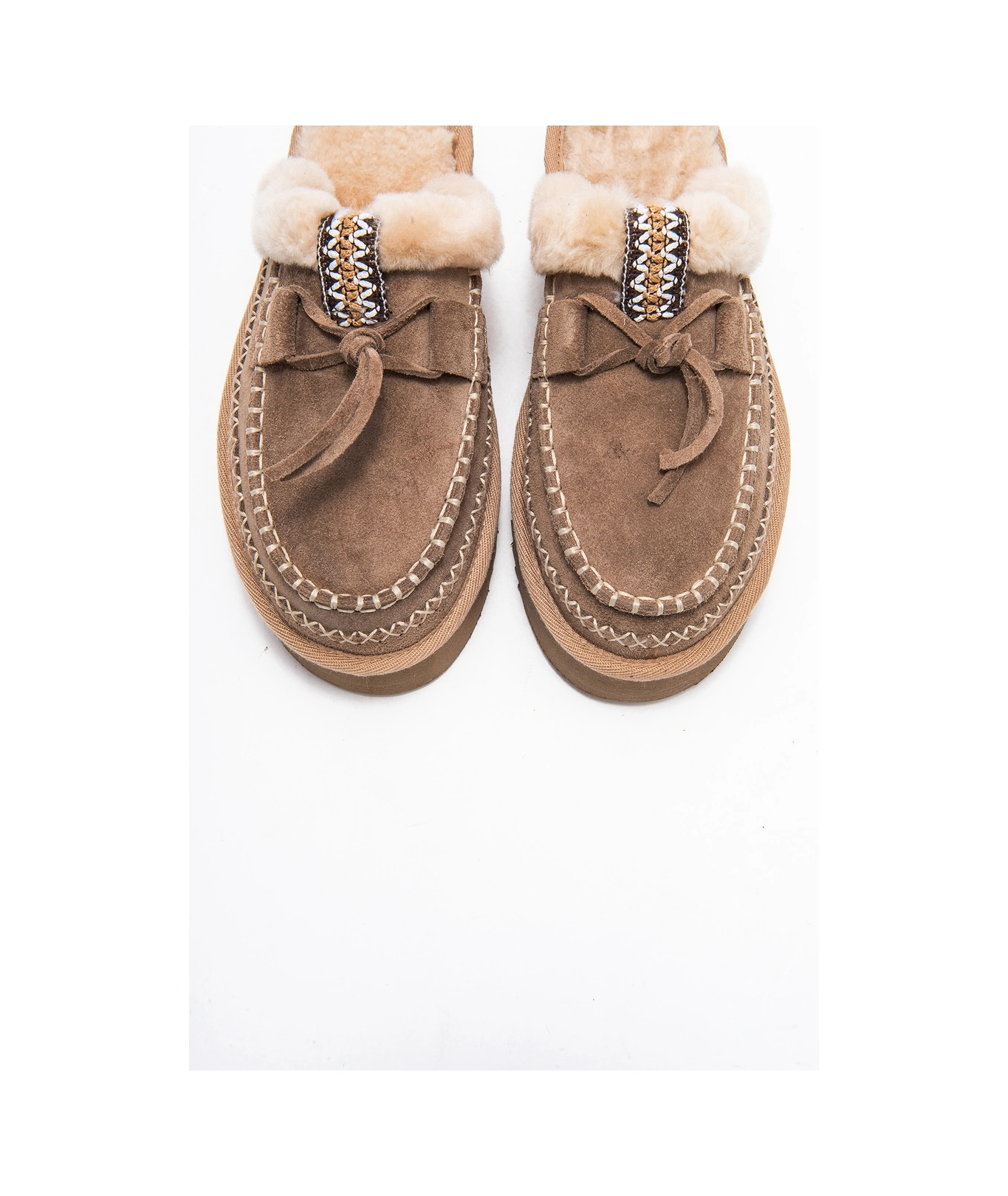 Yalına Kum Süet Hakiki Deri Dikişli Kürklü Kadın Platform Tabanlı Makosen Terlik Kum