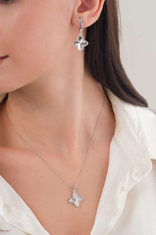 Tmt Silver Gümüş Yonca Lazer Kesim Kalem İşlemeli Kolye Küpe Set