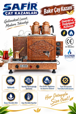 2 Gözlü Bakır Çay Kazanı Elektrik + Doğalgazlı Bakır Çay Kazanı Ce Ve Gazmer Açılış Onaylı Gaz Emniyet Kilit Sistemli Gaz Vanalı Hanzade Model Bakır Çay Ocağı Kazanı