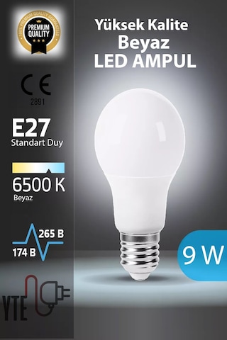 6500 K E 27 Beyaz Led Ampul 9 W Yüksek Kalite Göz Yormayan Ampul