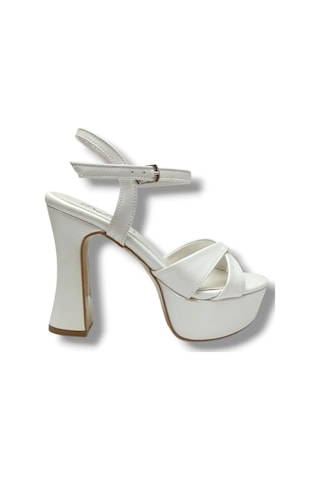 Defne 787-26 Sedef Beyazı Çapraz Aynalı 30mm Platform Topuk Kadın Sandalet 12cm Krem