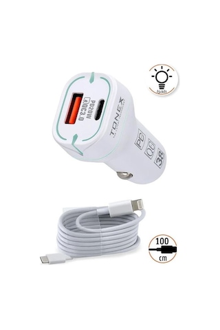 Tonex 38w 2 Girişli Type-c To Lightning Kablolu Araç Şarjı Işıklı La-38w