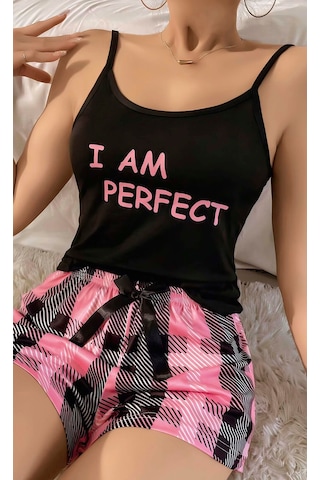 Motto10 Butik Kadın Siyah Kare Desenli Askılı Şortlu Pijama Takım 5012