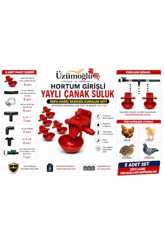 Üzümoğlu 5 Li Hortum Girişli Yaylı Çanak Suluk Seti Otomatik Tavuk Suluk Sistemi 16 Mm Bağlantılı Tam Kurulum Seti