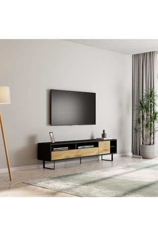 Luga Kapaklı Tv Ünitesi, Tv Sehpası - Metal Siyah Ayak - Gri/traverten - Siyah/kilim Siyah/kilim