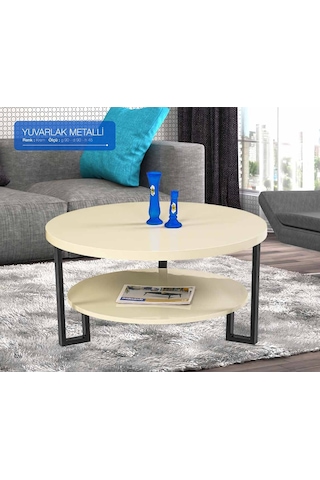 Orta Sehpa Osm Yuvarlak Metalli Model Metal Ayak Parlak Krem Lake