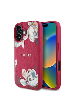 Apple Uyumlu iPhone 16 Kılıf Guess Lisanslı Magsafe Özellikli Taneli Çiçek Tasarımlı Metal Logolu Kapak Fuşya