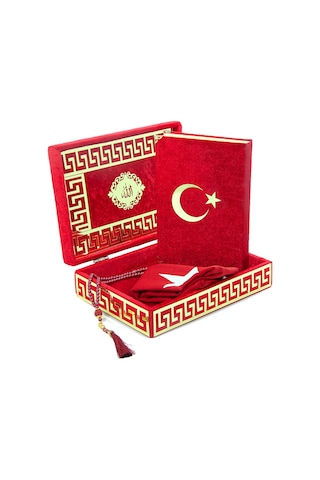 Türk Bayraklı Kuranı Kerim Hediyelik Set Pleksi Süslemeli Kadife Kutu, Bayrak Ve Tesbih