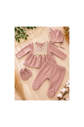 Bymurat Baby Kız Bebek Hastane Çıkışı Seti Şapkalı Çiçek Desenli Yenidoğan Takımı Pembe
