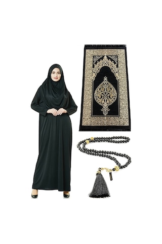 Tek Parça Namaz Elbisesi - Seccade - Tesbih - Ibadet Seti - Siyah