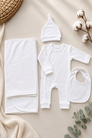 Babyhola Yenidoğan Bebek Tulum Seti 4 Parça Hastane Çıkışı 7068 Ekru