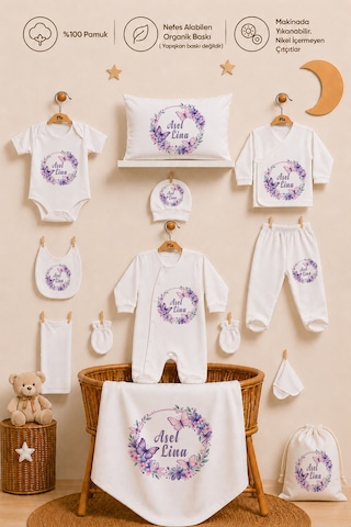 Pia Baby Kız Bebek Hastane Çıkışı 12 Parça %100 Pamuk İsme Özel Organik Baskılı Kese Hediyeli 101811k3x Ekru