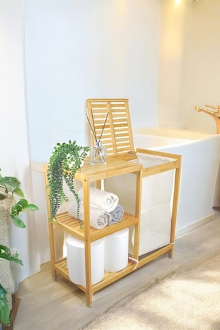 Digithome Bambu 3 Raflı Kumaş Sepetli Banyo Düzenleyici Kirli Çamaşır Sepeti D/8 Jw-22750 Naturel