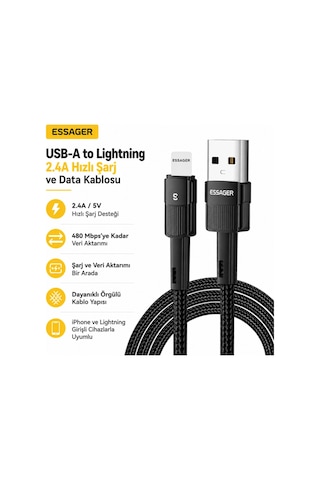 Essager Usb-a To Lightning 2.4a Hızlı Şarj Ve Data Kablosu 480 Mbps Veri Aktarımı Dayanıklı Örgülü Kablo 0.5m