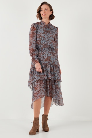 Lela Regular Fit Yaka Detaylı Volanlı Şifon Midi Bayan Elbise 611El1448 Mavi