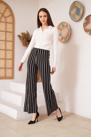 Darlin Moda Siyah Çizgili Krep Pantolon DM48325 Siyah