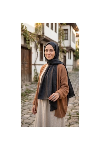 Nukra Jakarlı Pamuk Tesettür Şal Osmanlı Desen Siyah 70 X 190 Cm