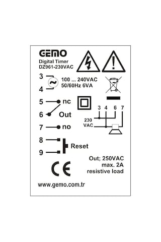 Gemo Dz961-230vac ,96x96mm 110v..220vac Kontak-1a1k Reset Girişli Zaman Röle