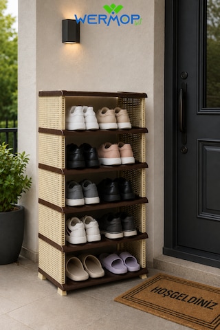 5 Katlı Rattan Görünümlü Ayakkabılık Ayakkabı Rafı Organizer - Kahverengi Açık Kahverengi