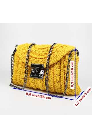 Makrome El Örgüsü Örme Omuz Çanta, Handmade Kadın Çanta 202301015 Sarı