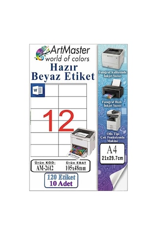 A4 Hazır Beyaz Etiket 105x48 Mm 10 Sayfa 1 Paket 12 Li Kendinden Yapışkanlı Fotokopi Lazer İnkjet Kağıdı Yazıcılar İçin
