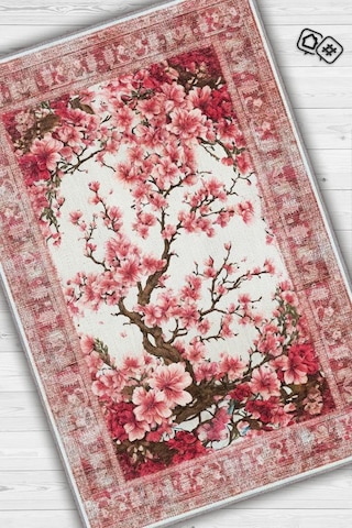 Homshtag Art Deco Bahar Çiçekleri Vintage Halı Görünümlü Dijital Baskı Pembe Halı,rustik Çiçekli Halı Çok Renkli