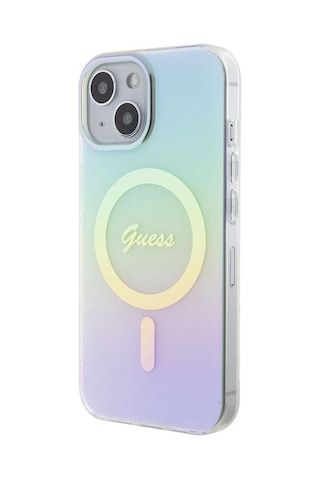Apple Uyumlu iPhone 15 Kılıf Guess Lisanslı Magsafe Şarj Özellikli Yazı Logolu Iridescent Siyah