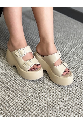 Asmi Shoes Kadın Wera Bej İki Tokalı Kalın Taban Ortopedik Sandalet&terlik