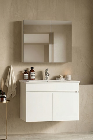 Lotus 75 Cm Beyaz Mdf Seramik Lavabolu Asma Banyo Dolabı Takımı
