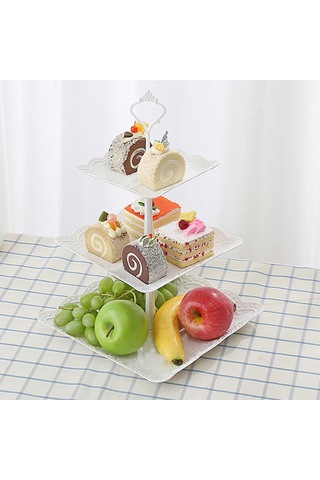Beyaz Kabartmalı Kare Cupcake Standı 3 Katmanlı - Bebek Duşu, Düğün Veya Partiler İçin Yeniden Kullanılabilir Tatlı Tabaklar