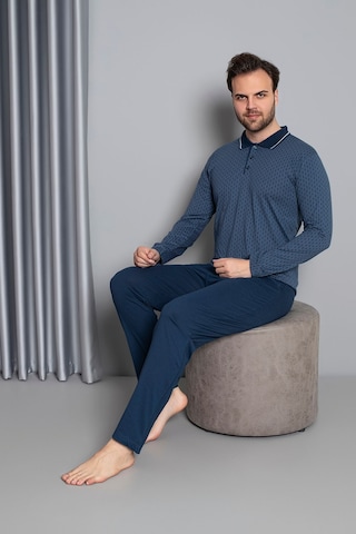 Erkek Düğmeli Desenli Uzun Kollu Pijama Takımı 16585 Mavi Mavi
