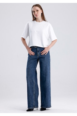 Sophia 308 Normal Kemerli Bel Koyu Mavi Wide Leg Jeans Kadın Koyu Mavi