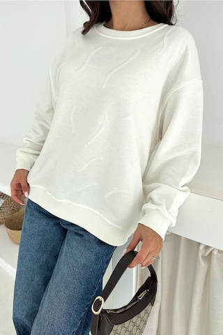 Femelle Kadın Beyaz Boncuk İşlemeli %100 Pamuk Sweatshirt