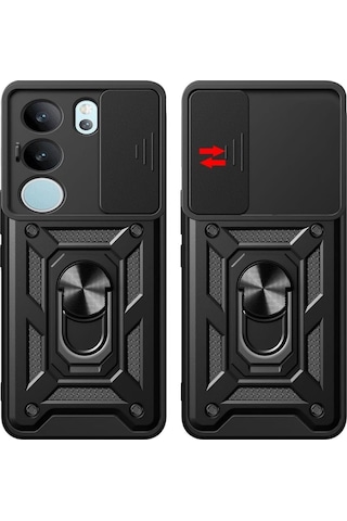 Vivo Y19S Uyumlu Tank Kılıf Yüzüklü Standlı Extra Darbe Koruma Zırhlı Outdoor Kapak - Lacivert