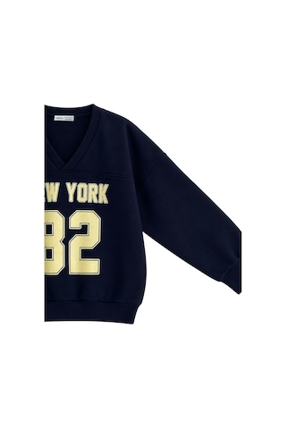 Vadon 1046 Kadın V Yaka New York Baskılı 3 İplik Pamuklu Sweatshirt Lacivert