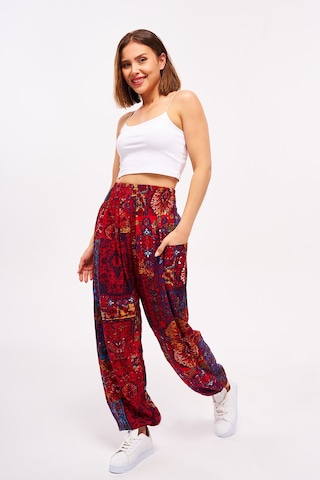 Giysa Kırmızı Etnik Desenli Kadın Şalvar Yoga Pantolonu %100 Viskon Çift Cepli - 2460 Kırmızı