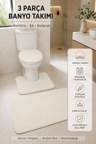 3 Lü Banyo Paspası Halısı Seti Kaymaz Tabanlı Yıkanabilir Klozet Takımı Krem