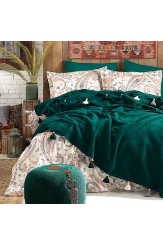 İyi Geceler İstanbul Boho Chic Çift Kişilik Battaniyeli Nevresim Seti Zümrüt Yeşil